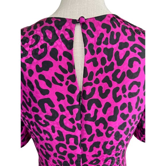 Milly Leopard Dress Womens 6 Pink Fuchsia Silk Animal Print Puff Sleeve Shift Mi - Picture 5 of 9